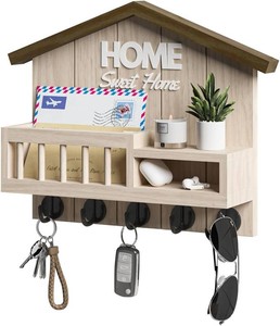 $36 Key and Mail Holder for Wall, Wall Key Holder with Shelf, Key Rack Wall Mount, Wood Key Holder Wall Mount, Mail Organizer Wall Mounted, Entryway & Front Door Key Holder with 5 Hooks(White)