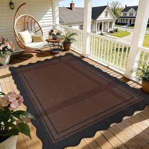 $80 Zeeinx 5x7 Scalloped Rug Easy Jute Washable Outdoor Patio Rug Black Brown