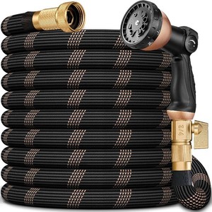 $31 Garden Hose 75FT, Lightweight Flexible Water Hose, 58 Kink Free Leak Proof Hose, Heavy Duty 96-Layer Woven with 34 Brass Fittings, 10 Function Nozzle for Yard Lawn Outdoor Car Wash(BlackRosegold)