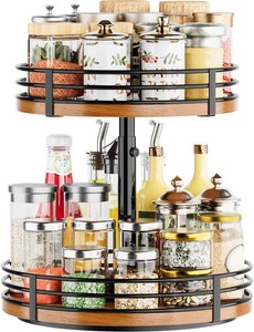 $32 Lazy Susan Turntable Organizer Adjustable - 2 Tier Wood Rotating Spice Rack 12 Inch Lazy Susan for Kitchen Countertop Cabinet Pantry Cupboard Dining Table Bathroom Coffee Bar Home Storage