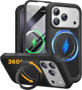 $40 miracase for iPhone 17 Pro Case with 360 Spin Magnetic Stand, Full-Body Phone Case with Built-in Glass Screen Protector & Camera Control, Drop Proof iPhone 17 Pro Cover, Black