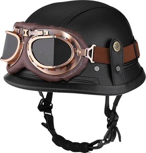 $57 Yesmotor Motorcycle Half Helmet Retro German Handmade Leather Half Face Quick Release Buckle & Goggles - DOT Approved (Black, 2XL)