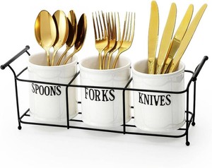 $23 Bekith 3-Piece White Ceramic Silverware Caddy with Black Metal Rack, Utensil Holder Flatware Caddy Cutlery Storage Organizer for Kitchen Table, Cabinet or Pantry