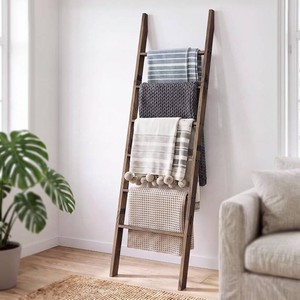 $40 6-Tier Blanket Ladder Acacia Wood, 5.7FT(66.5) Blanket Quilt Towel Holder Rack Decorative Ladder Wooden, Easy Assembly, Rustic Farmhouse Ladder Shelf for the Living Room Bedroom Bathroom Home Decor