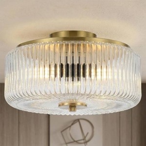 $98 3-Light Gold Flush Mount Ceiling Light, 11.8 Modern Close to Ceiling Light Fixtures with Ribbed Clear Glass Shade, Bright Ceiling Lamp for Low CeilingBedroomKitchenEntrywayDining RoomHallway