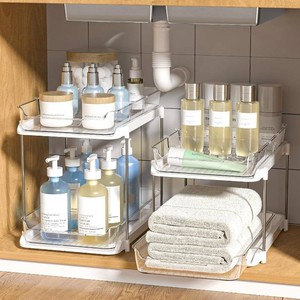 $40 Delamu 2-Tier Multi-Purpose Bathroom Under Sink Organizers and Storage, Stackable Kitchen Pantry Organization, Pull Out Medicine Cabinet Organizer with Movable Dividers, White, 2 Pack