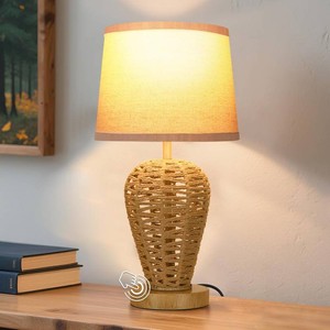 $40 Boho Table Lamp with 100% Hand Woven Rattan Body & Wood Grain Finish