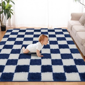 $29 Super Soft Rug for Bedroom, 4x6 ft Blue and White Area Rug Classic Checkered Shaggy Anti-Skid High Pile Soft Fluffy Rug Fuzzy Carpet for Living Room Bedroom Kids Room Nursery, Dorm