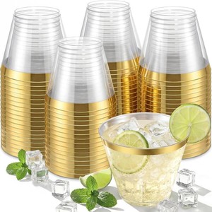 $30 Nervure 240PCS Gold Plastic Cups - 9Oz Gold Rimmed Plastic Cups Disposable
