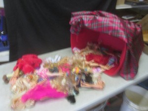(G-1) Assortment of Barbie and Other Dolls and Table Cloth