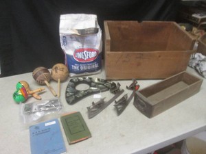 (EW6) Assorted Vintage and Partial Bag of Charcoal in Vinrtage Wood BoxCrate