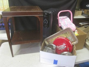 (EW5) Assorted Vintage, Box of Toys, Electric Heater and Vintage Side Table