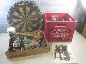 (F-2) Assorted Vintage Silverplate, Mt Dew Bottles, Dart Board, Rattle Wheel, Tools and Other Misc