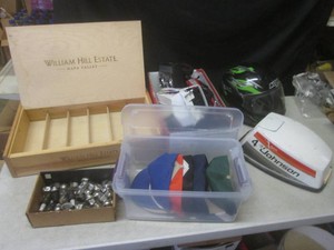 (EW4) Lot of Misc - Wood Wine Bottle Box, Snowmobile Helmet, Outboard Boat Motor Cover, RC Truck and Boat and Other misc