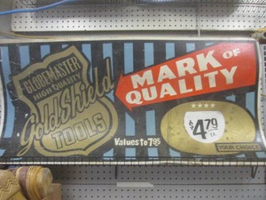 (C-2) Vintage Gold Sheild Tools Advertising Sign 44 x 22 and 5 Large Red Letters 30 12 Tall