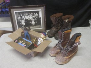 (D-2) Vintage Framed Photo, Assorted Figures and 2 Pair of Winter Boots Including Sorel Size 10