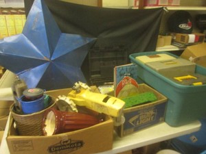 (BR1) Lot of Misc - Large Metal Star, Bin of Tackle Boxes, Vintage Toy Tin Barn and Other Misc
