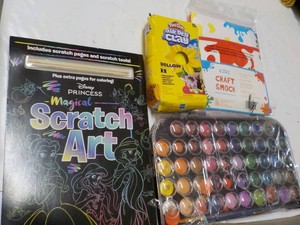 Scratch Art Book, Craftsmock, Play Doh Clay, and Watercolor Paints