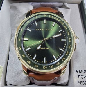 NEW Perry Ellis Solar Power Watch  Green Dial & Brown Strap  43.2mm  $100 Retail  Boxed