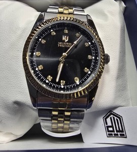 NEW Montres Prestige Two-Tone Watch  Black Crystal Dial  35.2mm  $195 Retail  Boxed