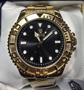 NEW Montres Prestige Gold-Tone Diver-Style Watch  Black Dial  43mm  $209 Retail  Boxed