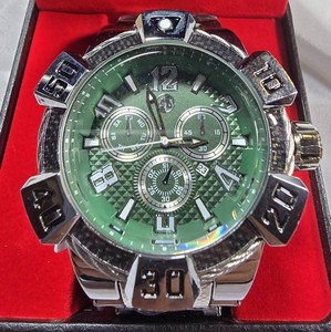 NEW AJ Oversized Green Multi-Dial Mens Watch  Silver-Tone  53mm  $499.99 Retail  Boxed
