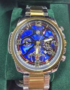NEW AJ Steel Explorer Two-Tone Skeleton-Style Watch  Blue Dial  46mm  $299.99 Retail  Boxed