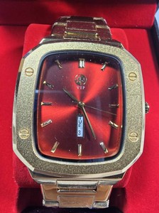 AJ Steel Explorer VIP Gold-Tone Watch  Red Sunburst Dial  43mm  $299.99 Retail  Boxed