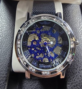 Mechanical Skeleton Watch  Blue Movement & Crystal-Accent Bezel  40.61mm  Boxed