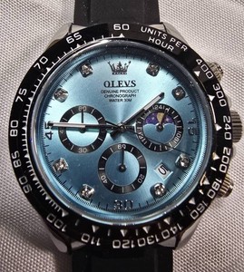 OLEVS 2875G Mens Chronograph Watch  Ice-Blue Dial, Black Strap & Date  41.45mm  Boxed