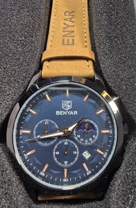 Striking BENYAR Mens Chronograph  Midnight-Blue Dial, Rose-Gold Accents & Genuine Leather  42mm