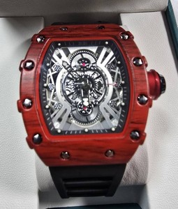 BIBI Skeleton Watch  Red Woodgrain Tonneau Case & Black Strap  42.49mm