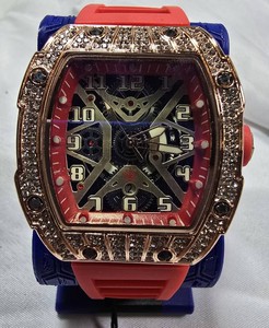 AJ Mens Statement Watch  Red Strap, Rose-Gold-Tone Crystal-Accent Case & Gear-Style Dial  42.57mm