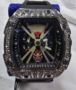 AJ Mens Statement Watch  Theatrical Mask Dial, Crystal-Accent Tonneau Case & Black Strap  42.39mm