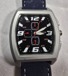 Bijoux Terner Mens Tonneau Watch  Bold Black Dial, Navy Strap & Red Accents  44.08mm