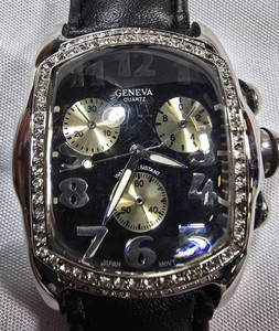 Geneva Mens Tonneau Watch  Crystal-Accent Case, Gold-Tone Multi-Dial Face & Leather Strap  40.23mm