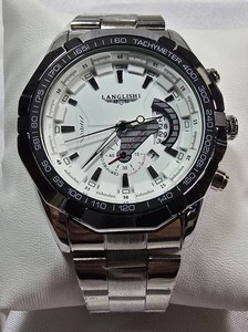 Langlishi Mens Quartz Movement  Watch  White Multi-Display Dial, Tachymeter Bezel & Steel Bracelet  44.62mm