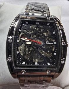 Chenxi Mens Automatic Skeleton Watch  Black Tonneau Dial, Crystal Accents & Steel Bracelet  40.54mm