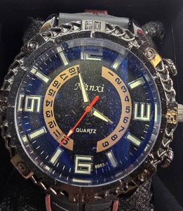 Minxi Mens Oversized Sport Watch  Black & Bronze-Tone Dial, Rubber Strap  50.11mm