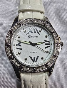 Generex Womens Crystal-Bezel Watch  White Dial & Leather Strap  37.1mm