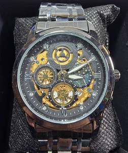 Bold KAXLUO Skeleton-Style Watch  Black & Gold Dial with Crystal Accents