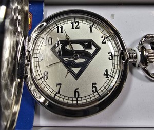 DC COMICS SUPERMAN SILVER-TONE HUNTER-CASE POCKET WATCH IN ORIGINAL BOX