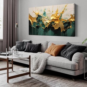 $90 SKYRISE Abstract Teal Gold Canvas Wall Art for Living Room, Dark Green Wall-Decor Picture for Bedroom, Modern Canvas Print Paintings Artwork, Size 48x24 Inches