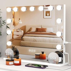 $90 VESAUR Hollywood Vanity Mirror with 10X15X Magnification and Lights, USBType-C Port Makeup Mirror with 15 Dimmable LED Bulbs, 3 Color Modes, Tabletop & Wall Mount for Bedroom, Aluminum 23x18