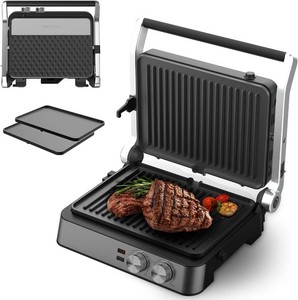 $60 Panini Press,4 Slices Contact Grill with Removable Non-Stick Coated Grill and Flat Plates,Panini Makers with Temperature Control and Timer,Open 180 Degrees,Grill and Griddle (Half black with sus)