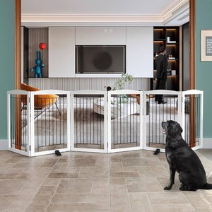 $147 ZJSF Freestanding Dog Fence Indoor, Foldable Dog Gate for Doorways, Stairs or Hallways, Sturdy Wood Extra Wide Pet Gate with Support Feet for The House, White, 32 Height-6 Panels