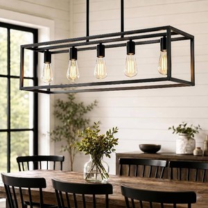 $80 Black Farmhouse Kitchen Island Lighting, Modern Industrial Chandelier, 5-Light Linear Rectangular Pendant Light Fixtures for Farmhouse Kitchen Dining Room Bar Foyer(Metal, Height Adjustable)
