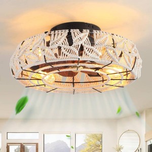 $99 Boho Caged Ceiling Fans with Lights and Remote 20 Flush Mount 6-Speed Reversible Enclosed Low Profile Handmade Cotton Rope Ceiling Fan with Light 4 Bulbs,for Bedroom, Living Room, Kitchen