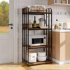 $101 Takywep 4-Tier Heavy Duty Kitchen Bakers Rack with Power Outlet, Microwave Cart with Wheels & Adjustable Shelves, Free Standing Storage Stand for Living Room, Garage, Rustic Brown