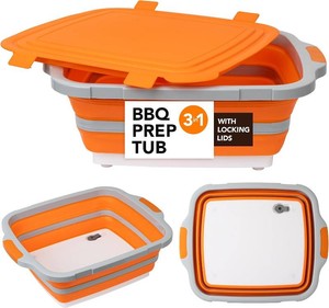 $30 Tiawudi Large Collapsible BBQ Prep Tub with Locking Lid, Basket for Meal Prep Marinating Food Storage, Plastic Cutting Board(4.22 Gal16L), Camping Sink with Colander, Dish Basin